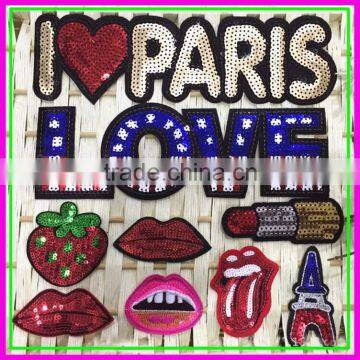 Fashion New Design Sample Trial Order Sew-on Cheap OEM ODM Computer Embroidery Plastic Paillette Lipstick Fruit Shine Patches