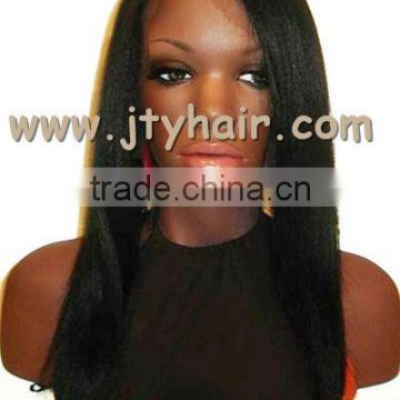 Hot Beauty Natural Hairline 20" #1 Jet Black Yaki Straight, Tangle Free 5a Peruvian Hair Lace Front wig with fringe