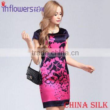 Purple black high quality short sleeve digital print summer pure silk dress