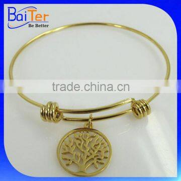Gold Plated Stainless Steel Expendable Wire Bangle Tree Of Life Charm Bracelet Wholesale