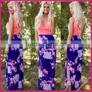 New Fashion Maxi Dress Sleeveless Hawaiian Side Slit Pink Floral Printed Tank Maxi Dress