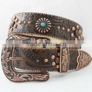 2015 New Design Western rhinestone floral embossed leather belt with turquoise conshos