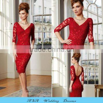 Fashion Plus Size Elegant Sheath Mother Groom Dress V-neck Knee Length Red Lace Mother of the Bride Dresses 3/4 Sleeve2015(MM17)