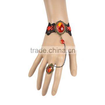 Gothic Vintage Jewerlry Inlay Red Crystal with Ring Lace Bracelet & Bangle for Women Gift