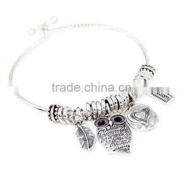 Wholesale fashion personalized vintage etched charm owl bangle bracelet