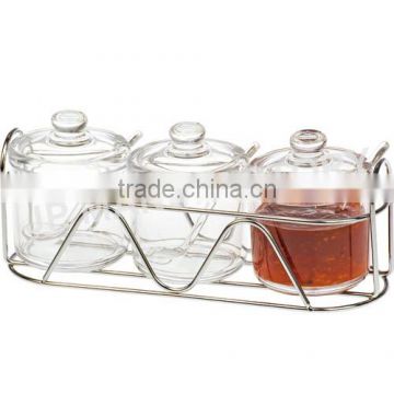 Wholesale Crystal clear 320ml three pieces Acrylic condiment pot set with Spoon 696