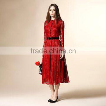 2016 alibaba express long sleeve lace dress with hollow single-breasted design