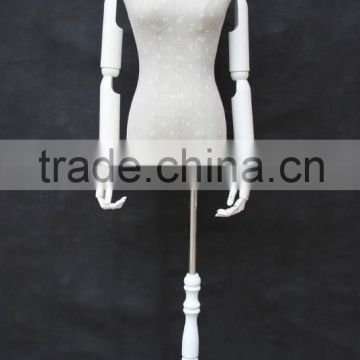 female upper body dress form with wooden arms & base