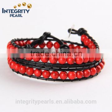 6mm natural red turquoise gemstone beads bracelet, leather bracelet with gemstone