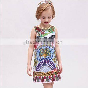 Fashion 2015 New Arrivals Sleeveless Printed Round Neck Girl Daily Dress Latest Party Wear Dresses For Girls