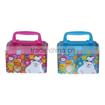 Kids metal money box with lock for wholesale/saving bank/tin money box/tin coin box