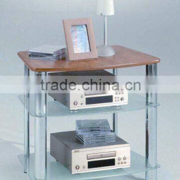 Glass,steel tube and wooden combined tv stand