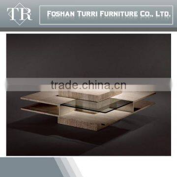 Italy Tempered Glass Top Marble Travertine Coffee Table photo-3