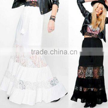 Party Wear Long Tiered Dance Skirts Lace Panelled Tassel Tie Bohemian Maxi Skirts Wholesale