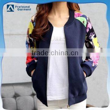 Fashion printing raglan long sleeve bomber jacket zipper sweatshirt without hood for women