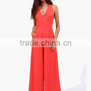 2017 fashion lady jumpsuit w/ V neck sleeveless cross back wide leg