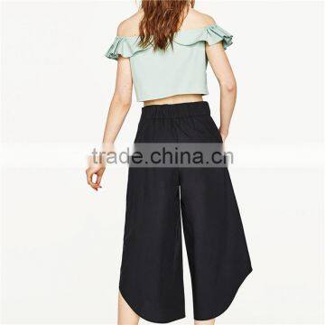 Cord Culottes Asymmetric Slacks Women Black Dress Pants photo-4