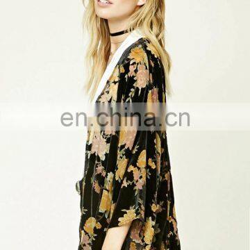 Beautiful Design Floral Print Three Quarter Length Sleeve Contemporary Velvet Kimono CK009 photo-2