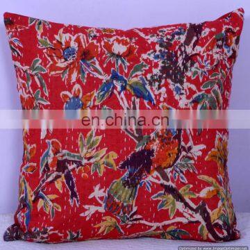 Red Bird Floral indoor & outdoor-Indian kantha cushion covers-Kantha Pillow Covers Hand-stitched Kantha Cushion Cover