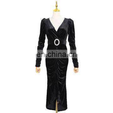 TWOTWINSTYLE Elegant Dresses For Women V Neck Long Sleeve High Waist With Belt Slimming Ruched Patchwork photo-6