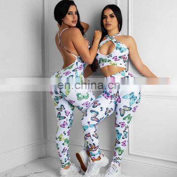 LAITE J2030 Women Fashion Butterfly Printed Jumpsuit Ladies Sleeveless Backless Sportswear Jumpsuit photo-2