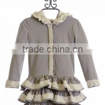 grey long sleeve ruffle winter children lace coats with hat whoesale kid clothes outwear