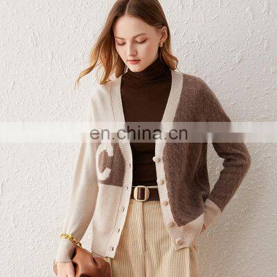 Women Twisted Cable Knit Color Stitch V Neck Loose Cashmere Wool Cardiagn