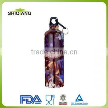 600ml aluminum water bottles with heat transfer logo and carabiner lid