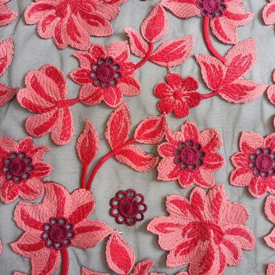 XF6046 Hot Pink Luxury Embroidery Lace Fabric Fashion Design Mesh Fabric For Dress photo-2