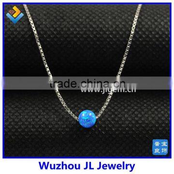 Lovely Synthetic Dark Blue Opal Bead Pendant with 925 Sterling Silver Box Chain Necklace