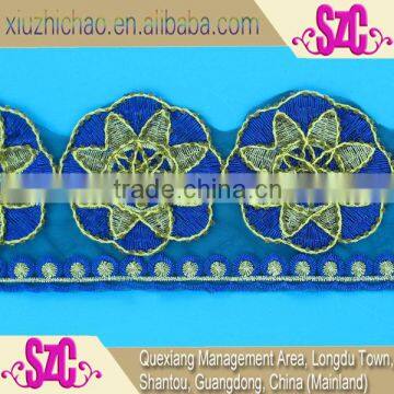 new design metallic blue cording bead lace embroidery