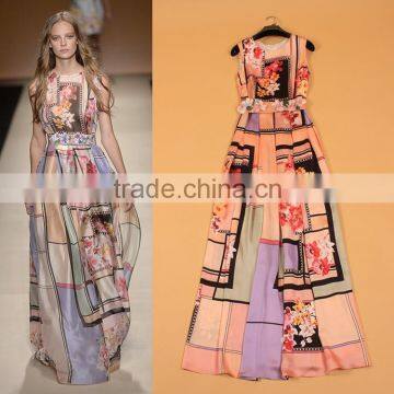 2015European and American runway similar design Printed sleeveless Long Dress