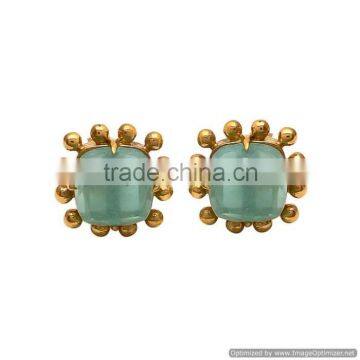 Sparkling Round Aqua Chalcedony Stud Earrings 925 Sterling Silver small gold vermeil earrings