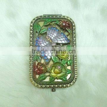 Butterfly and flower bronze pocket mirror with rhinestone