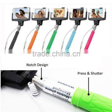 Upto 108cm cable control selfie camera phone monopod with mirror