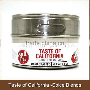 Taste of california-gourmet spice blends in megnetic stainless steel can with 2 puring options for shaking and pouring