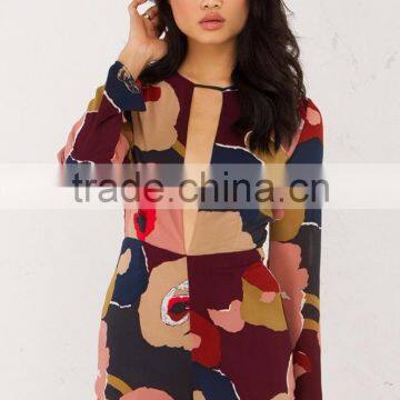 printing long sleeve V neck playsuit jumpsuits for women 2016 sexy