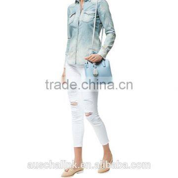 Ladies Twin Chest Pocket Fashion Cotton Jeans Shirt OEM Service photo-3