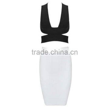 2015 New Summer Cirss-Cross Sexy Bodycon Knee Length Two Piece Bandage Dress Apricot/Black/White photo-3