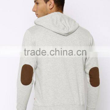 Grey Melange Hooded Sweatshirt For Man Long Sleeves With Elbow Patches Sweaters Kangaroo Front Pocket Ribbed Hem Hoody Custom