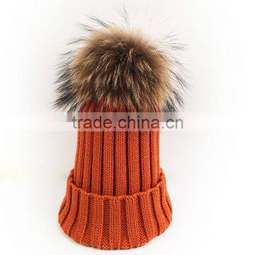 Myfur Orange Warm Ribbed Knit Hat with Natural Raccoon Fur Ball Top