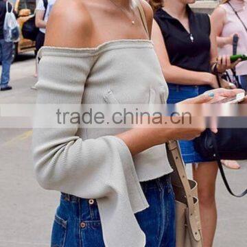 Runwaylover 125 Europe Style 2017 Ladies Sexy Off-Shoulder Knitted Flare Sleeve Blouse photo-2