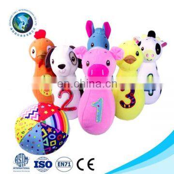 Custom cheap 7pcs plush aniaml bowling set wholesale fashion baby toy cute soft stuffed plush baby bowling ball