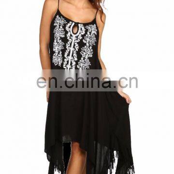 New Arrival Boho Look Rayon Short Spaghetti Strap Dress With Embroided Neck