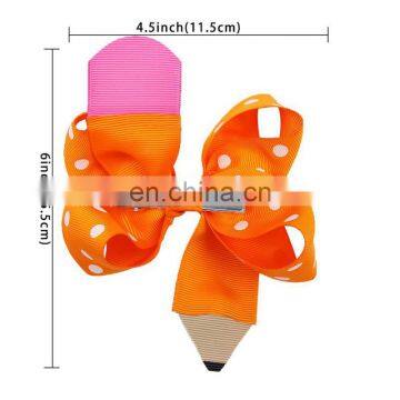 Free 6''*4.5" Pencil Print Hair Bows for Girls Back to School Supplier Hairgrips Pen Quality Ribbon Bows Clips Kids Headwear