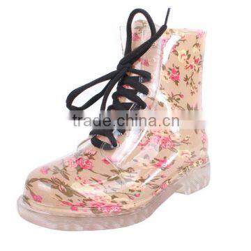 Floral Woman Lace up Martin Boots PVC Low Heel Ankle Rain Boots photo-2