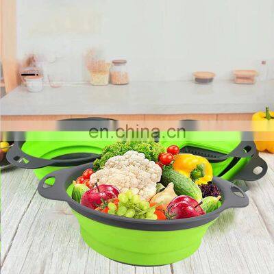 Folding Washing Vegetable Drain Basket Red Strainer Silicone Square 2 Collapsible Colander Set