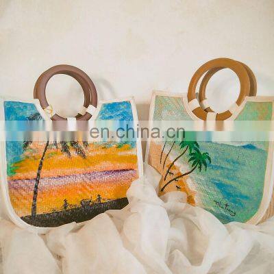 Hot Sale Hand Painted Seagrass Handbag, Natural Beach Bag Party, Round Straw Summer basket Vietnam Supplier