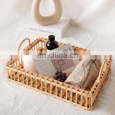 Rustic Vintage Bamboo Serving Tray, Storage Basket Platters Plate for Breakfast photo-3