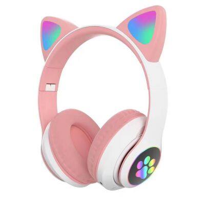 Wireless Headset Cat Ear LED Light up Bluetooths Foldable Headphones Over Ear Microphone Cordless Headset for Girl Kids Dynamic